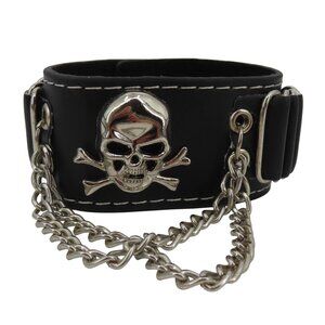Adult Black Leather Snap Cuff Bracelet Silver Tone Metal Chains Skull Crossbones